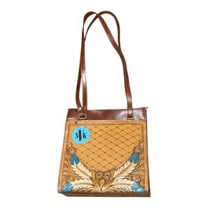 SVK Embossed Leather Shoulder Bag with Blue Feather Accents NWT 11 X 12 inches